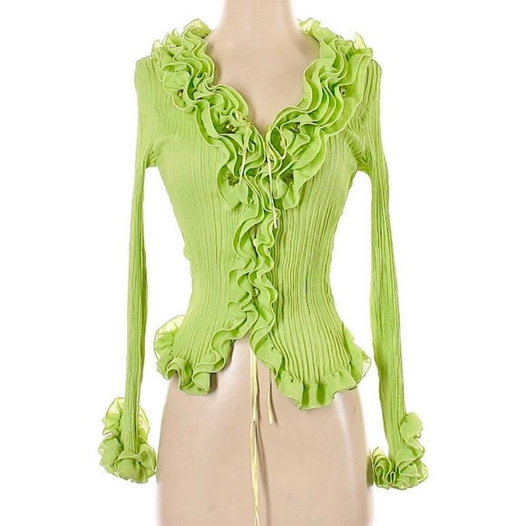 Vintage 90s lime green ruffle blouse top - Picture 6 of 10